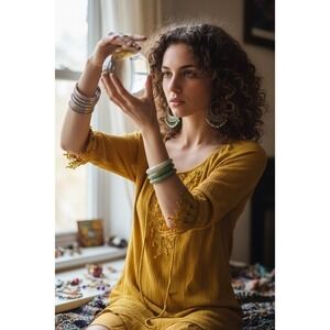 Naif short dress in mustard colorway boho hippie celestial crocheted‎ Sz S